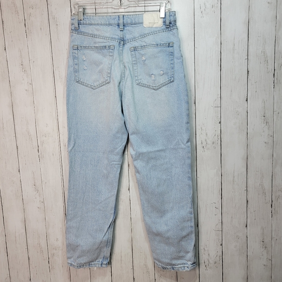 BERSHKA BLUE RIPPED MOM JEANS HIGH WAIST STRAIGHT LEG DISTRESSED Y2K Size US 6. - Picture 7 of 10
